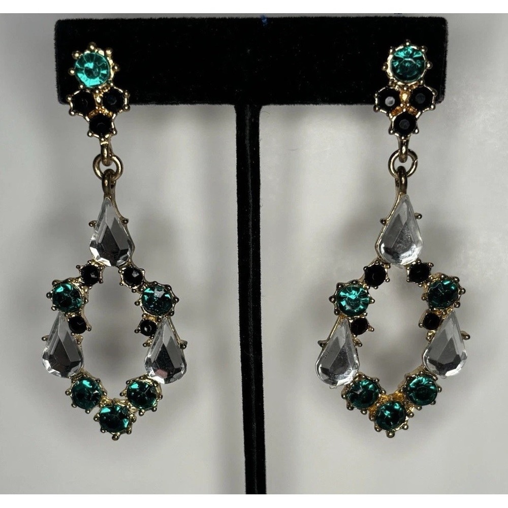 Vintage Glam Green Rhinestone Chandelier Earrings Gold Tone Statement Dangle